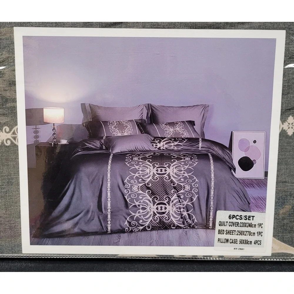 Italian Fashion Queen Size Duvet Cover Set 6 Pc Design #HY-2901 Black/Gray